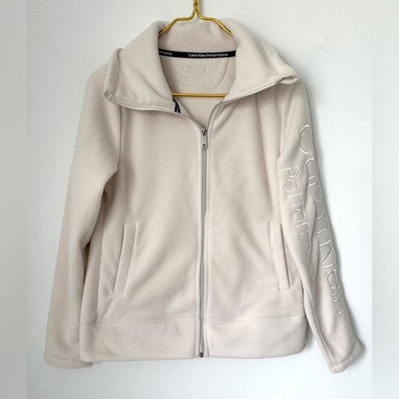 Calvin Klein Ivory Cream Performance Fleece Zip Up Embroidered Jacket Women’s XS - Picture 1 of 7